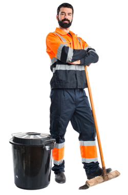 Trevix Member of Staff with a Sweeping Brush next to a bin cleaning