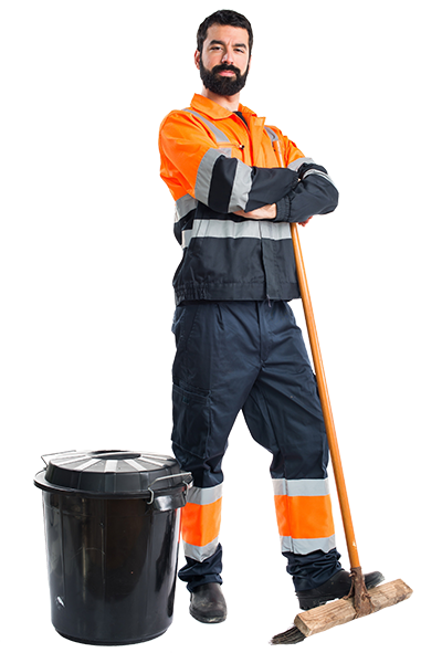 Trevix Member of Staff with a Sweeping Brush next to a bin cleaning